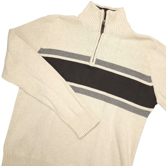 Eddie Bauer Sweater Mens Medium Beige Stripe 1/4 Zip Mock Neck Cotton Pullover - Picture 1 of 14